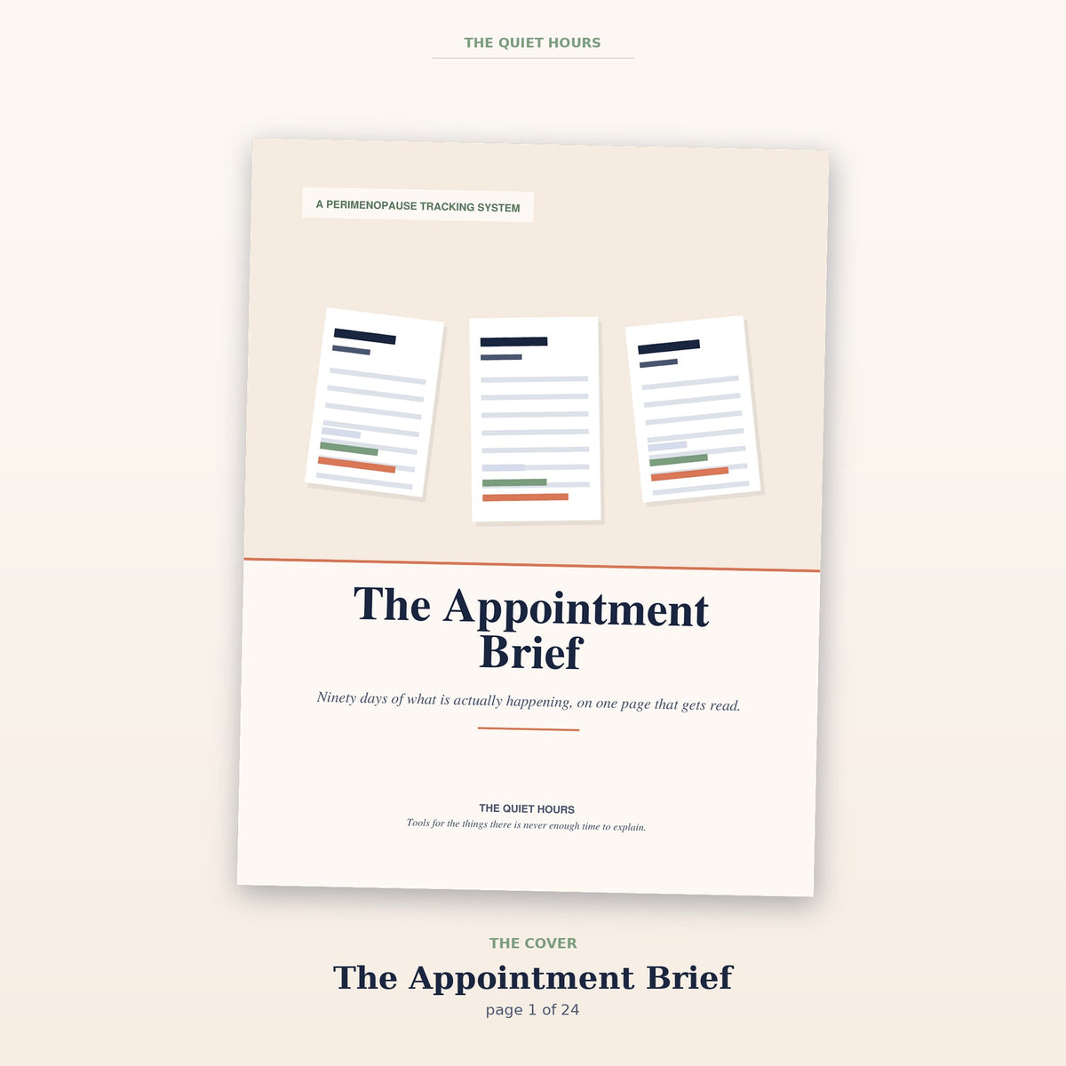 Cover of The Appointment Brief, a 24-page printed perimenopause tracking system by The Quiet Hours