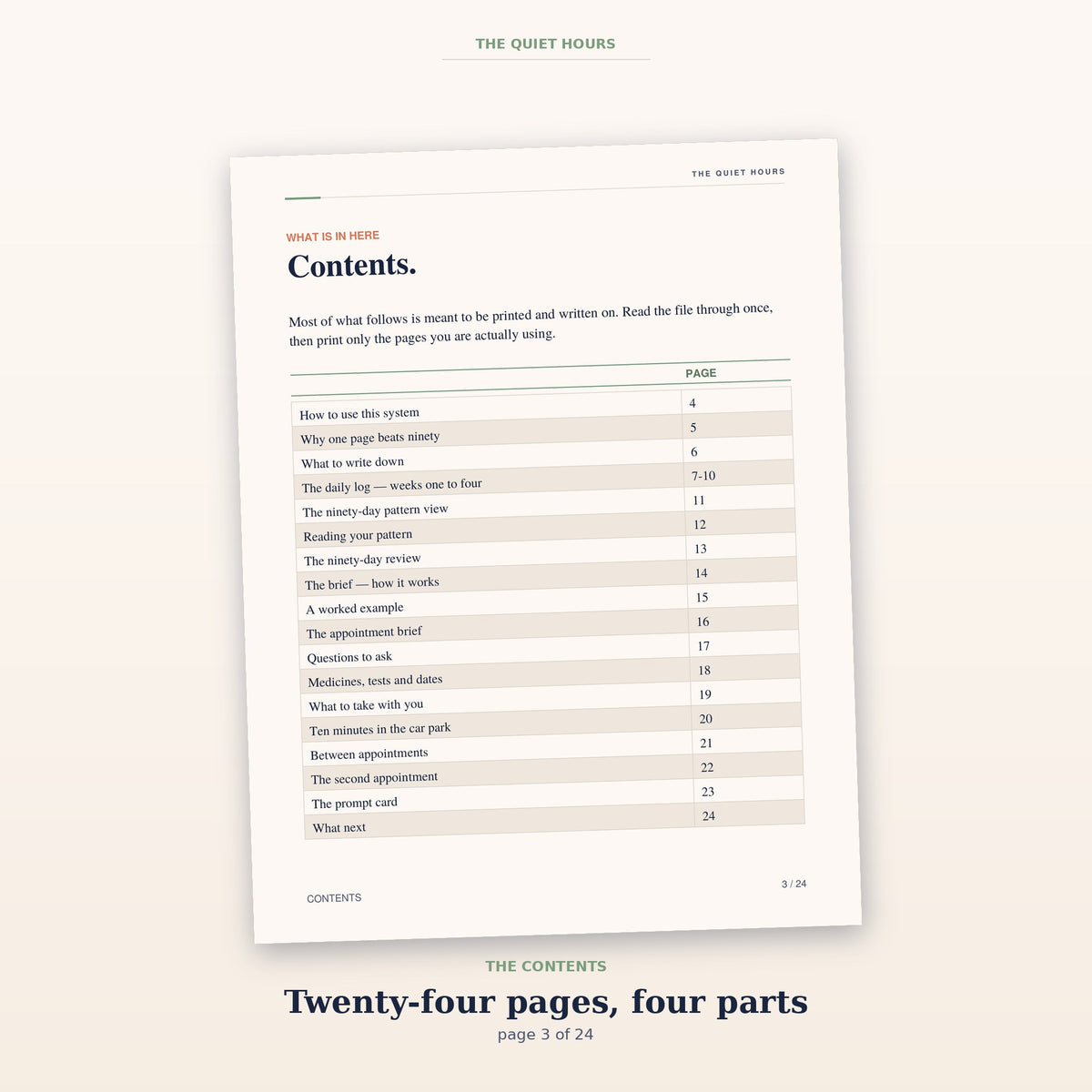 Contents page listing all 24 pages across the four parts of the system