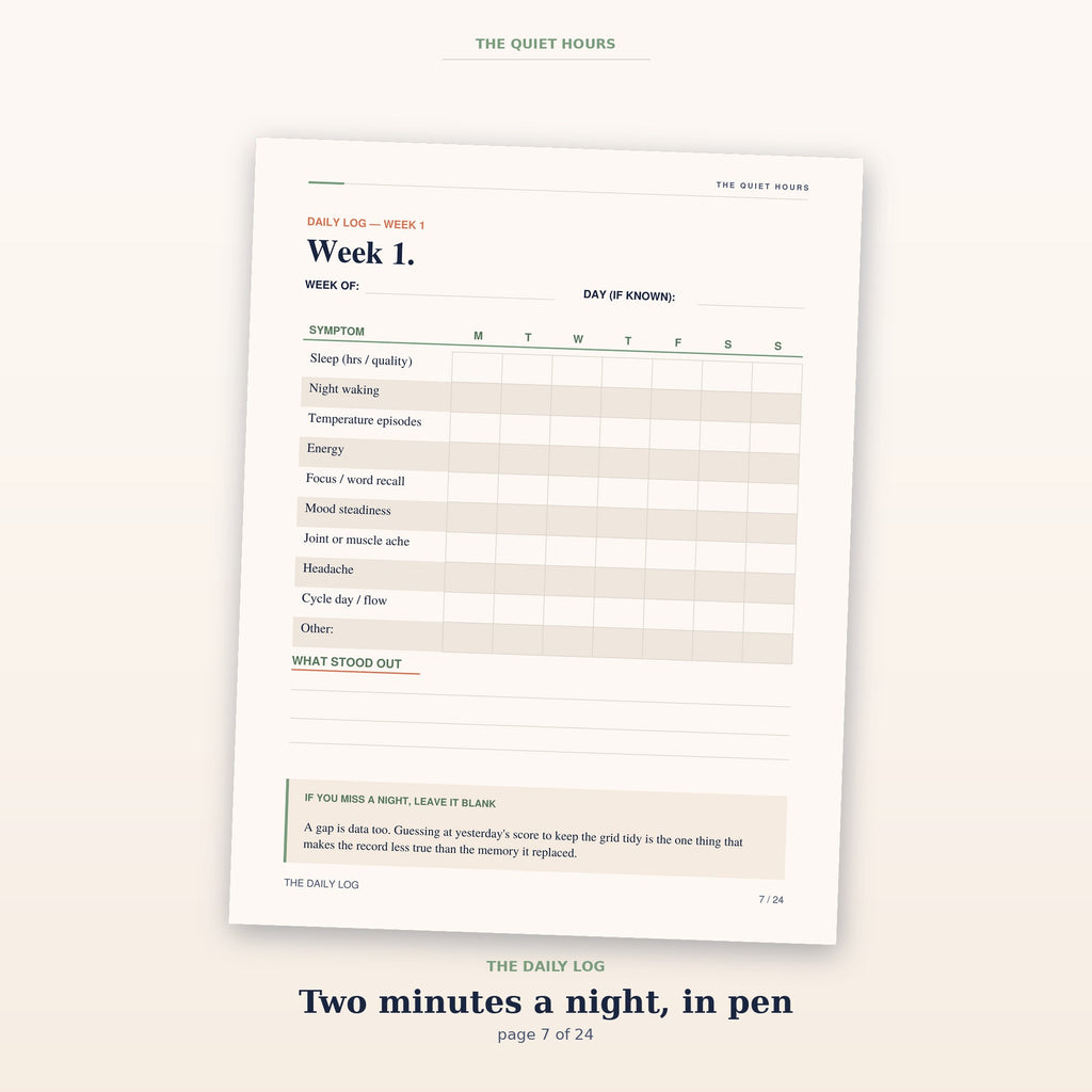 A weekly daily-log page with a blank symptom grid to fill in by hand each night