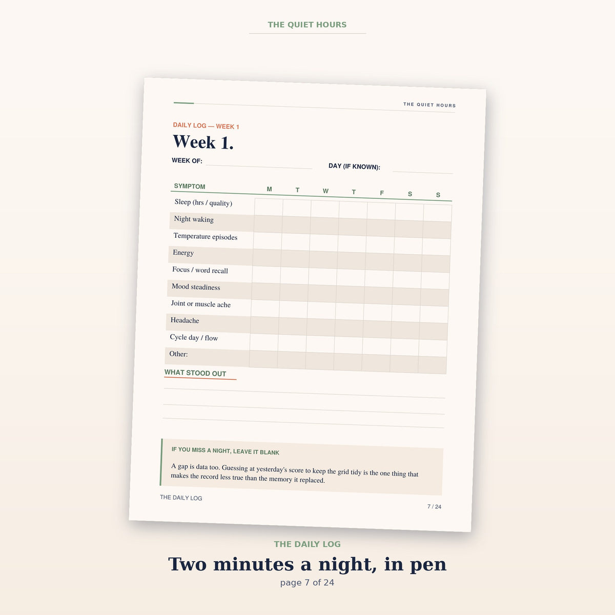 A weekly daily-log page with a blank symptom grid to fill in by hand each night